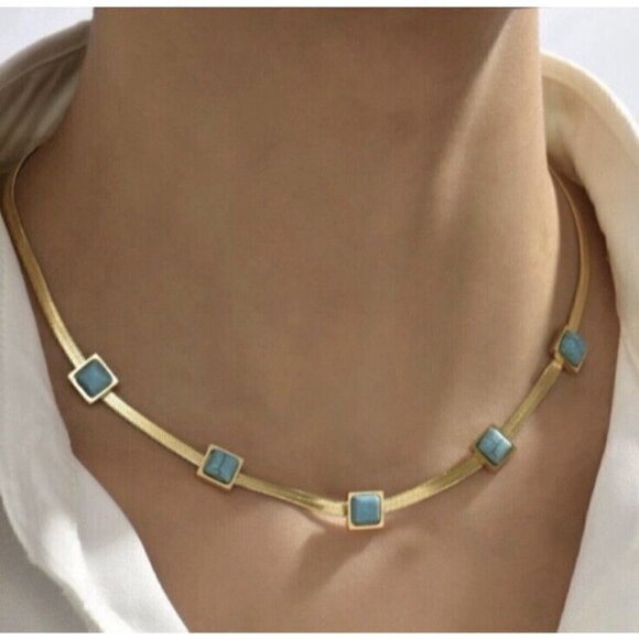 18K Gold Plated turquoise Herringbone necklace Snake Womens Jewelry - Picture 3 of 10